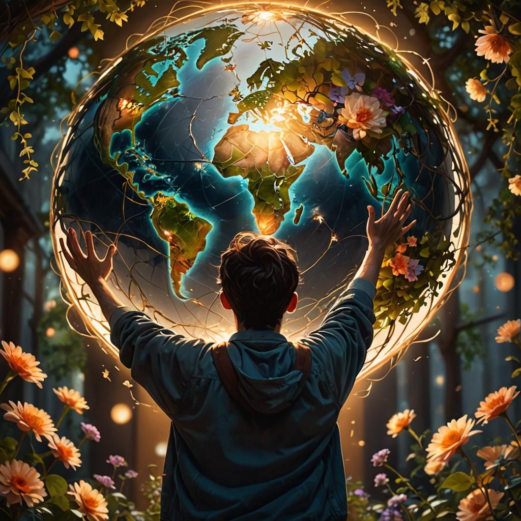 Person and Glowing Globe in Vivid Digital Art