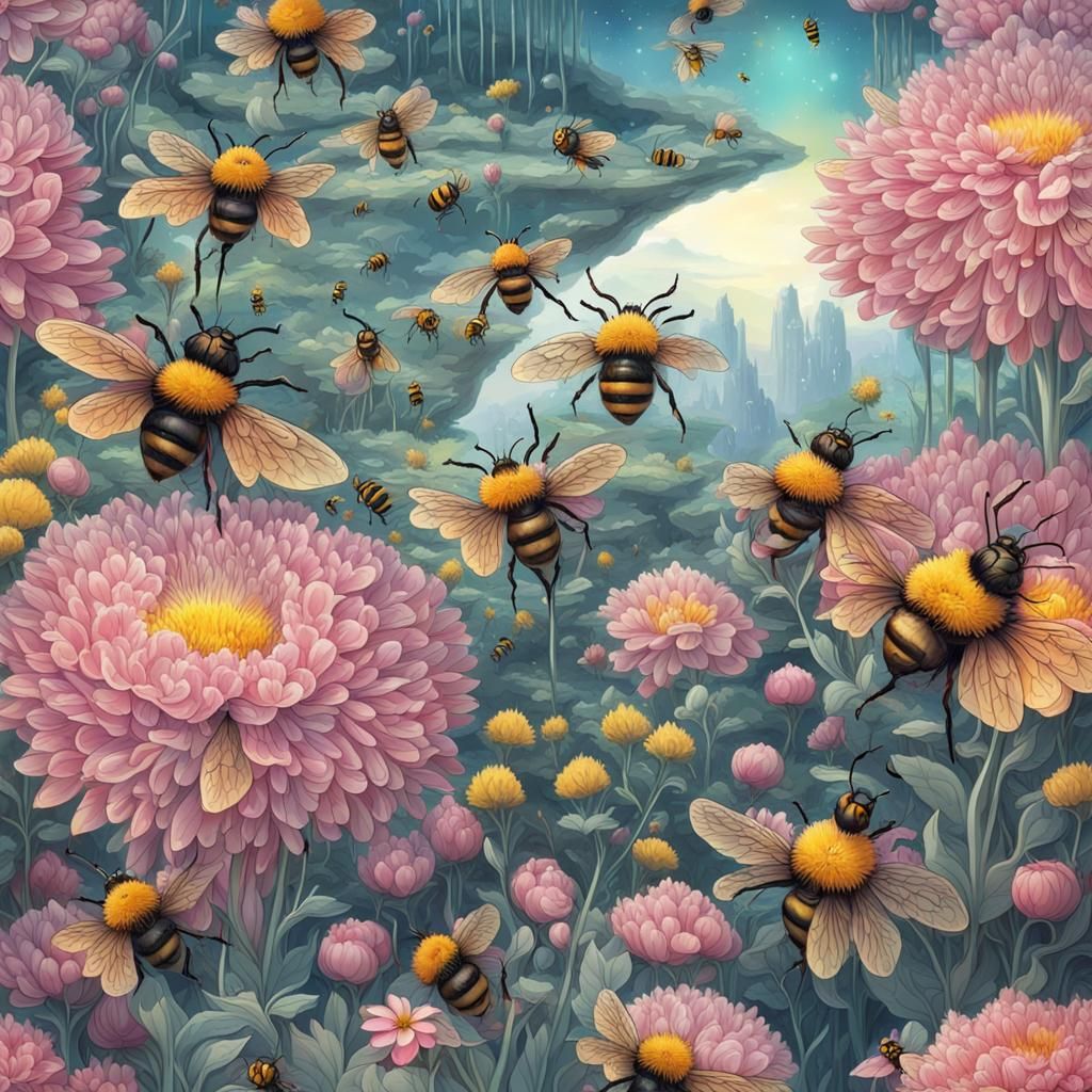Futuristic Flowery Valley with Pollinating Insects