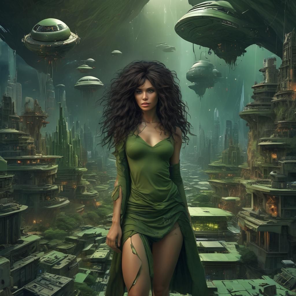 Cavewoman in Technological City with Spaceships