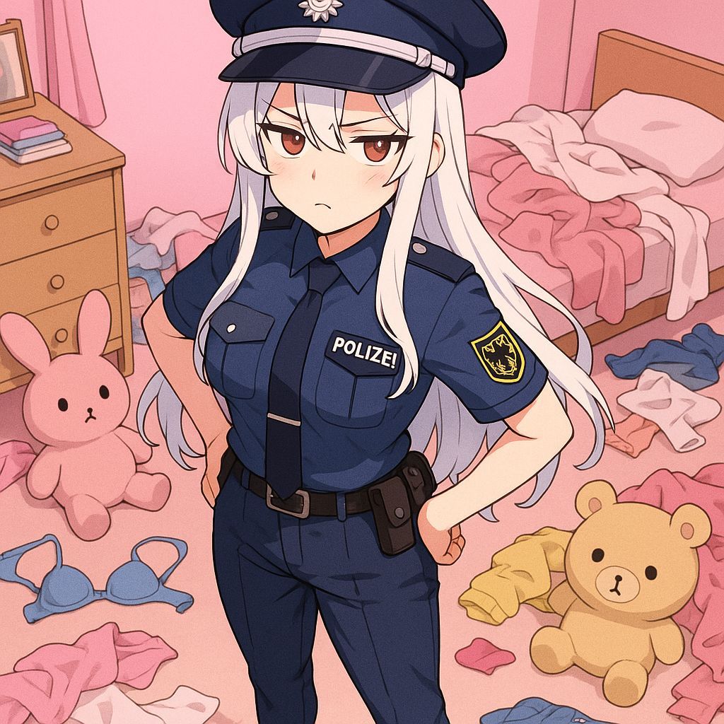 Cute German Police Woman Surveys Disordered College Room