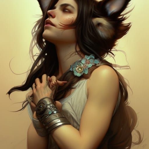 Wolf-Eared Woman with Wolves: Hyperdetailed Portrait