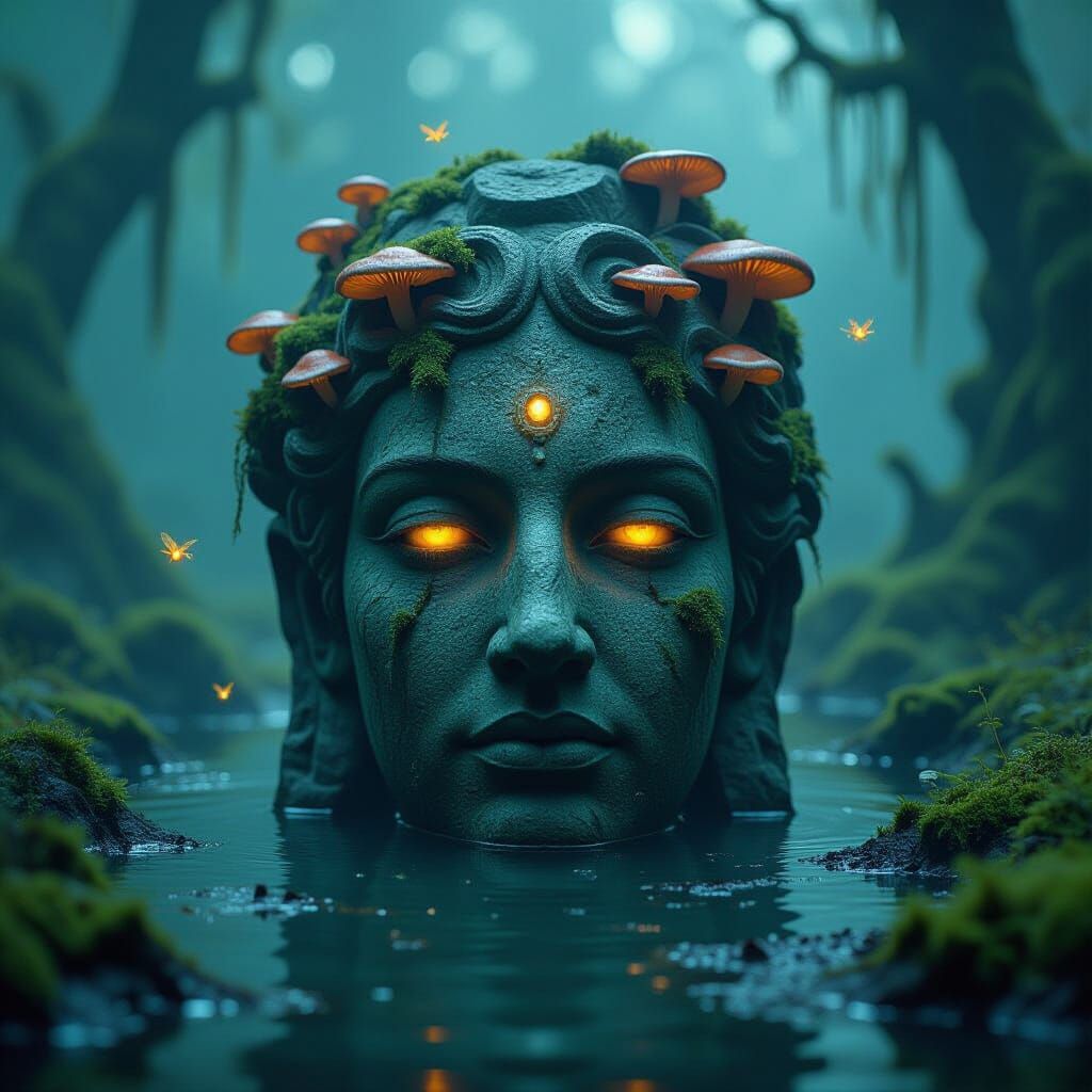 Ancient Stone Head in Misty Swamp with Glowing Fungi