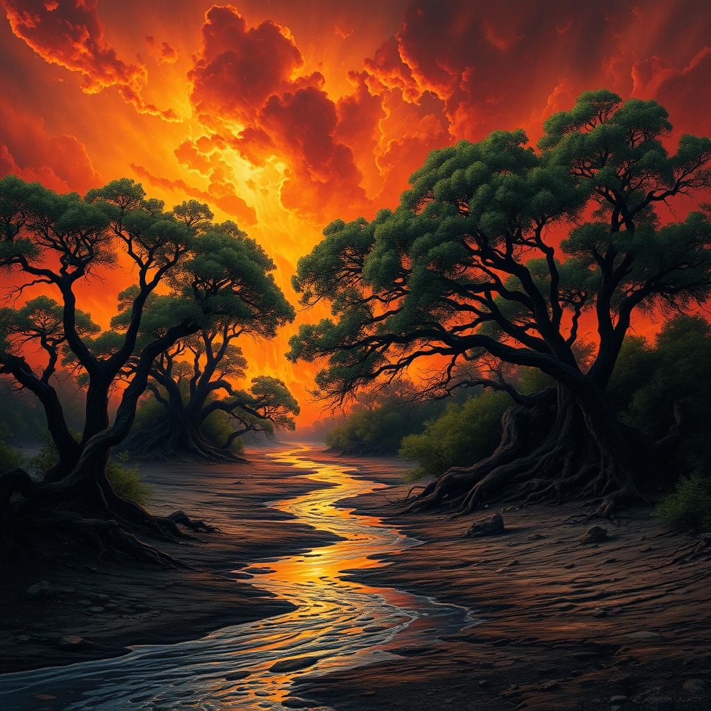 Vibrant Landscape with Fiery Sky as Oil Painting