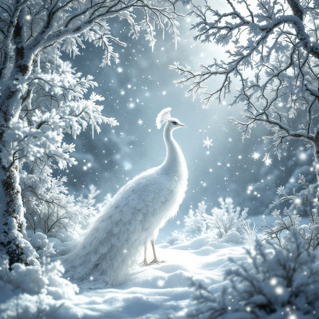 Surreal Snowy Peacock Enchants Monochromatic Winter Wonderla...