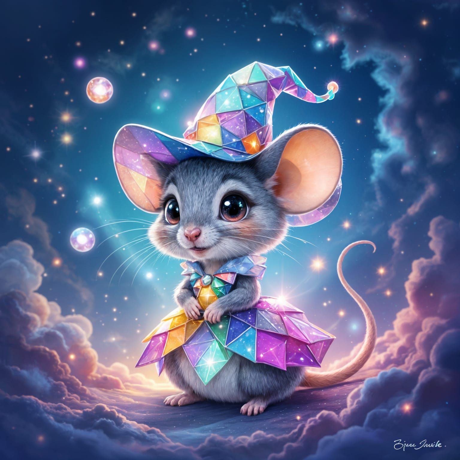 Cosmic Mouse in Shimmering Glass Attire Amidst Nebula