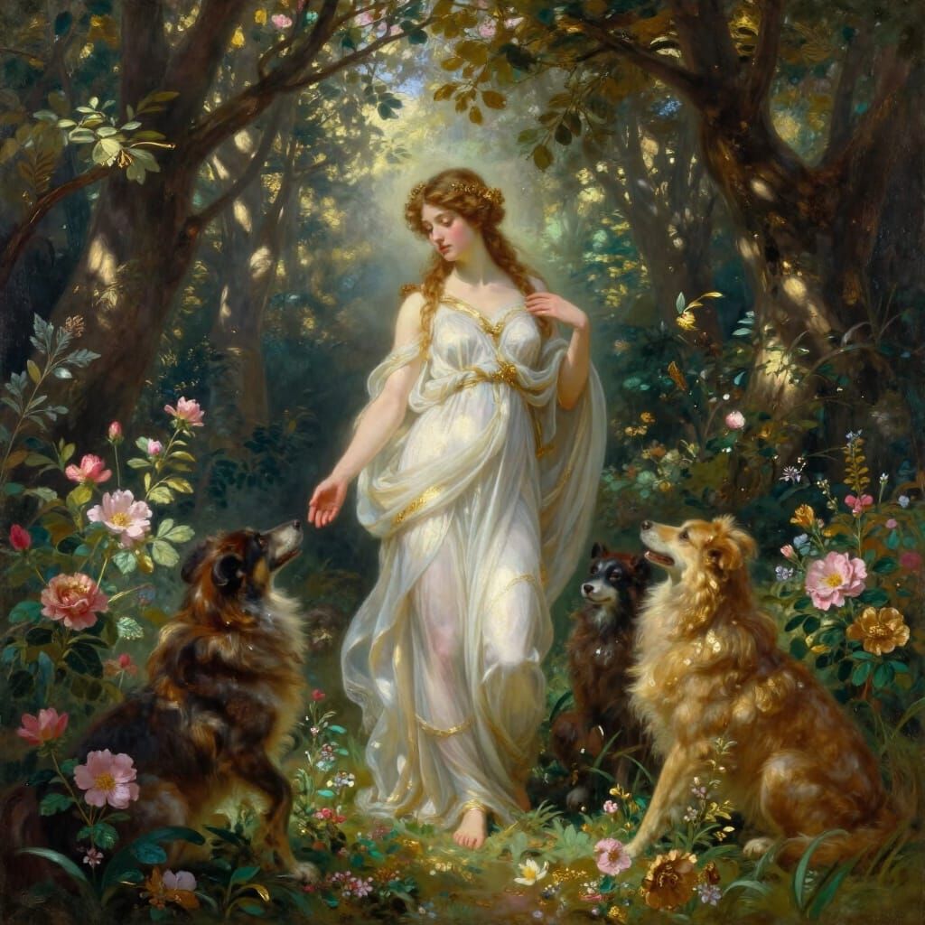 Aphrodite in Enchanted Forest with Mythical Creatures