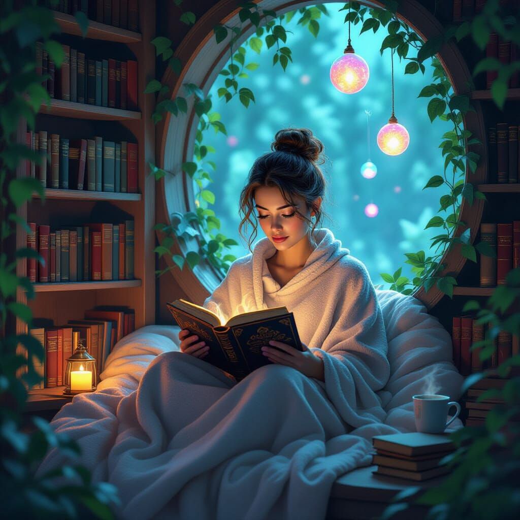 Leafy Reading Nook with Glowing Spellbook