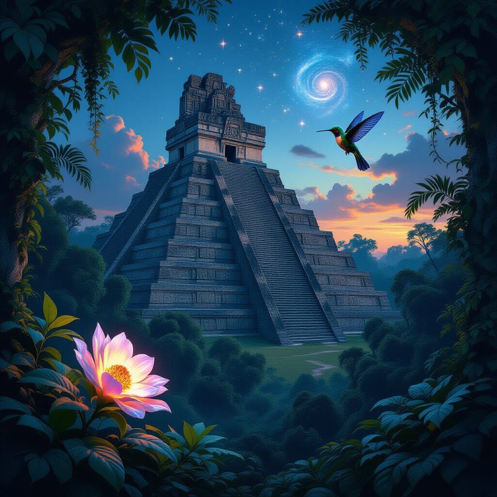 Ancient Mayan Pyramid at Twilight in Surreal Astronomical St...