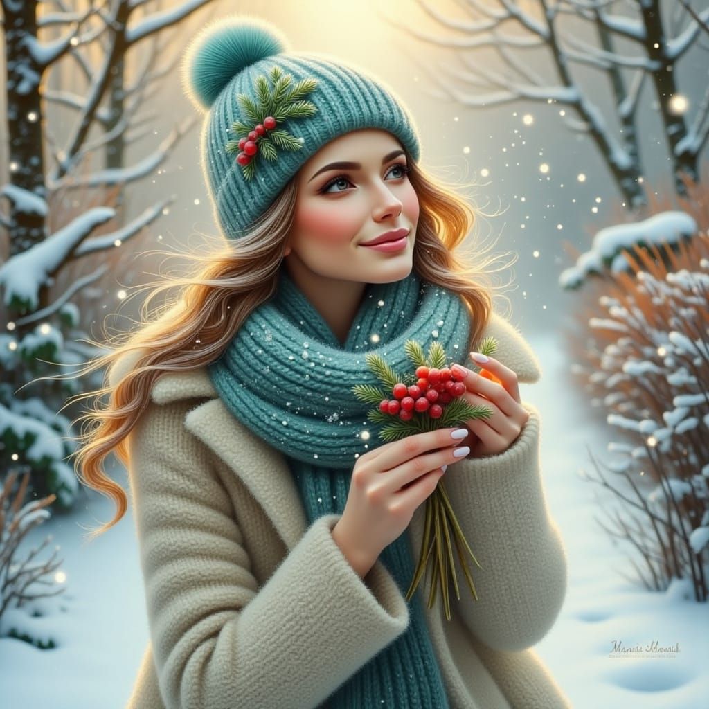 Smiling Woman in Snowy Garden, Pastel Christmas Scene