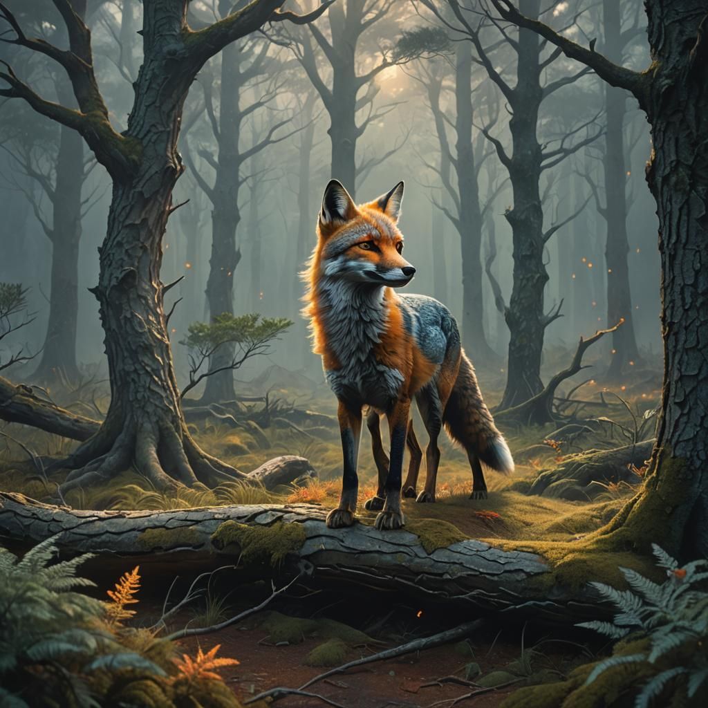 Grey Fox Walks Through Misty Forest: Fantasy Art
