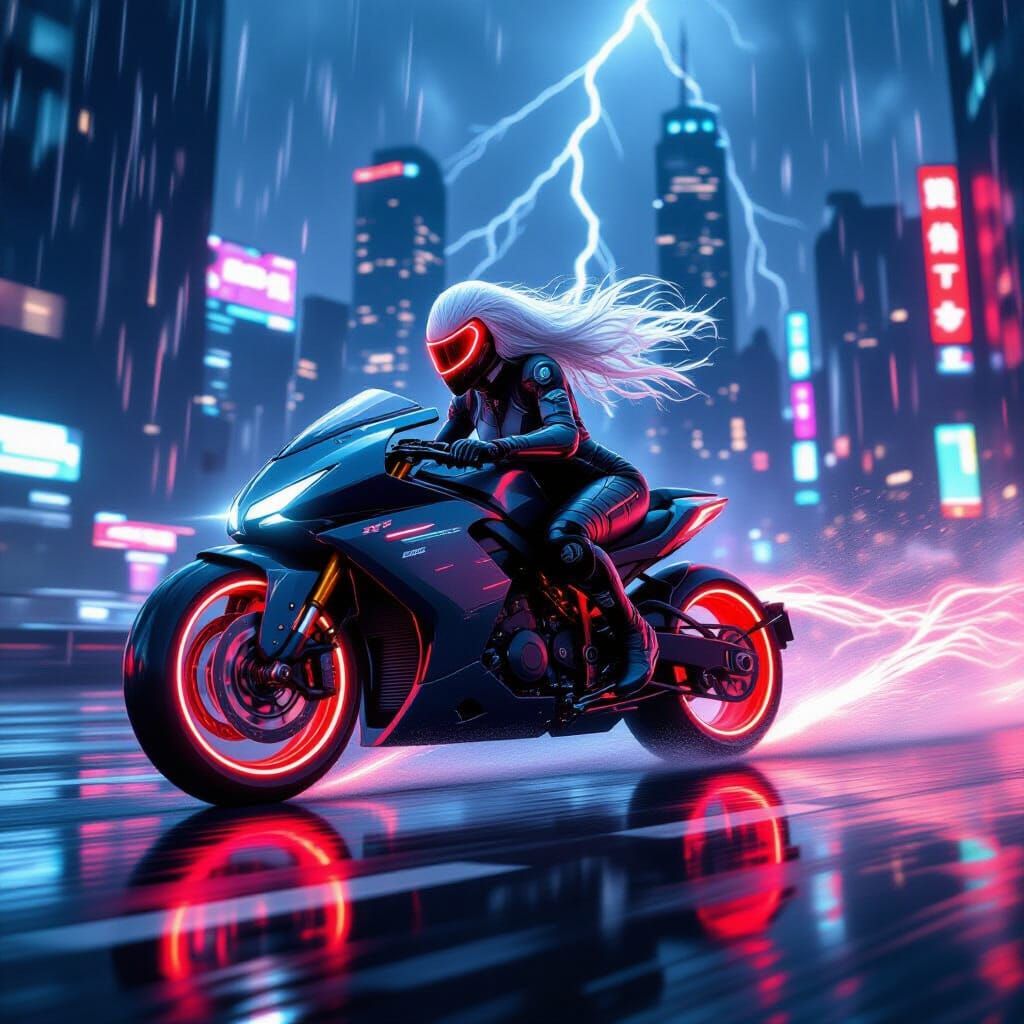 Cyberpunk Rider Speeds Through Neon Metropolis in Thundersto...