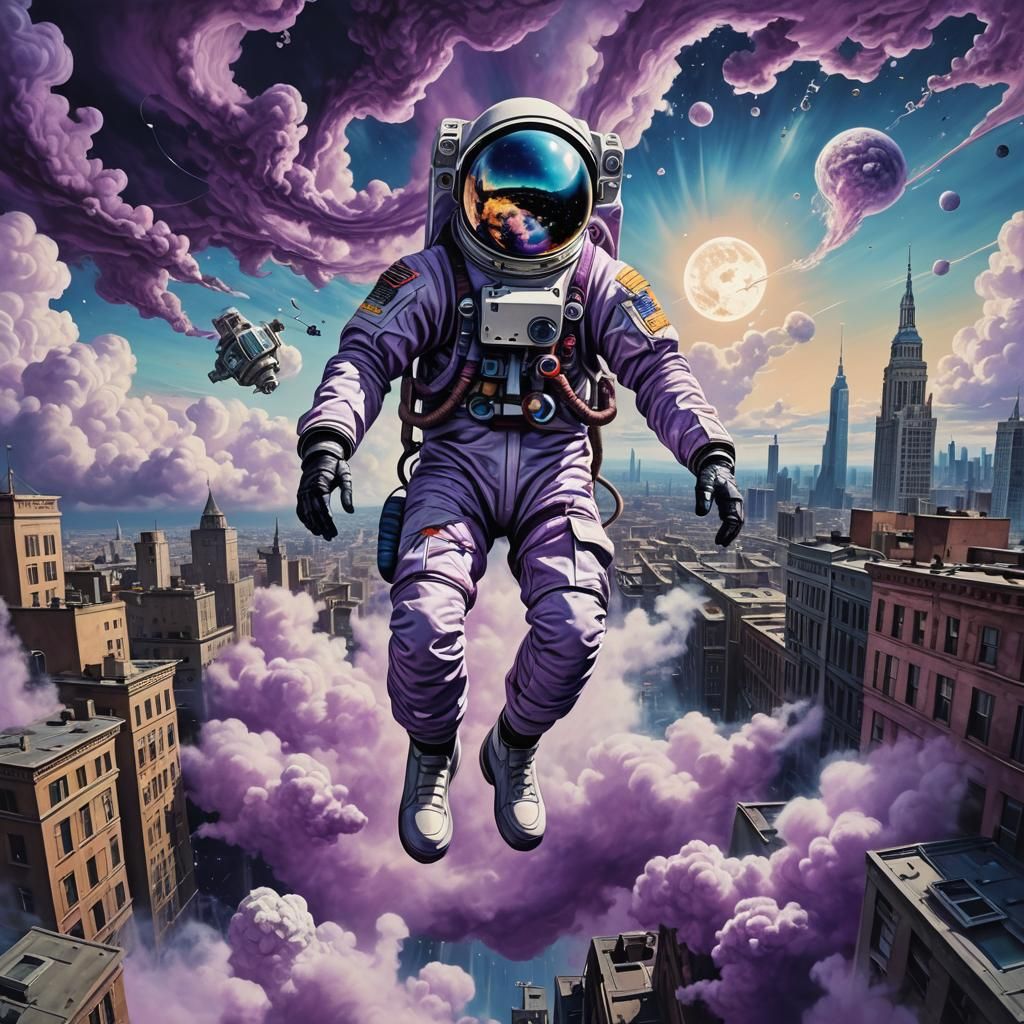 Surreal Falling Astronaut in Dreamlike Cityscape