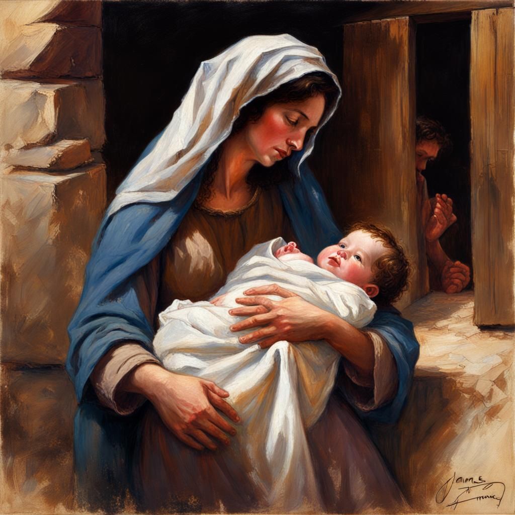 Mary holding baby Jesus with Joseph lurking outside the by a window.