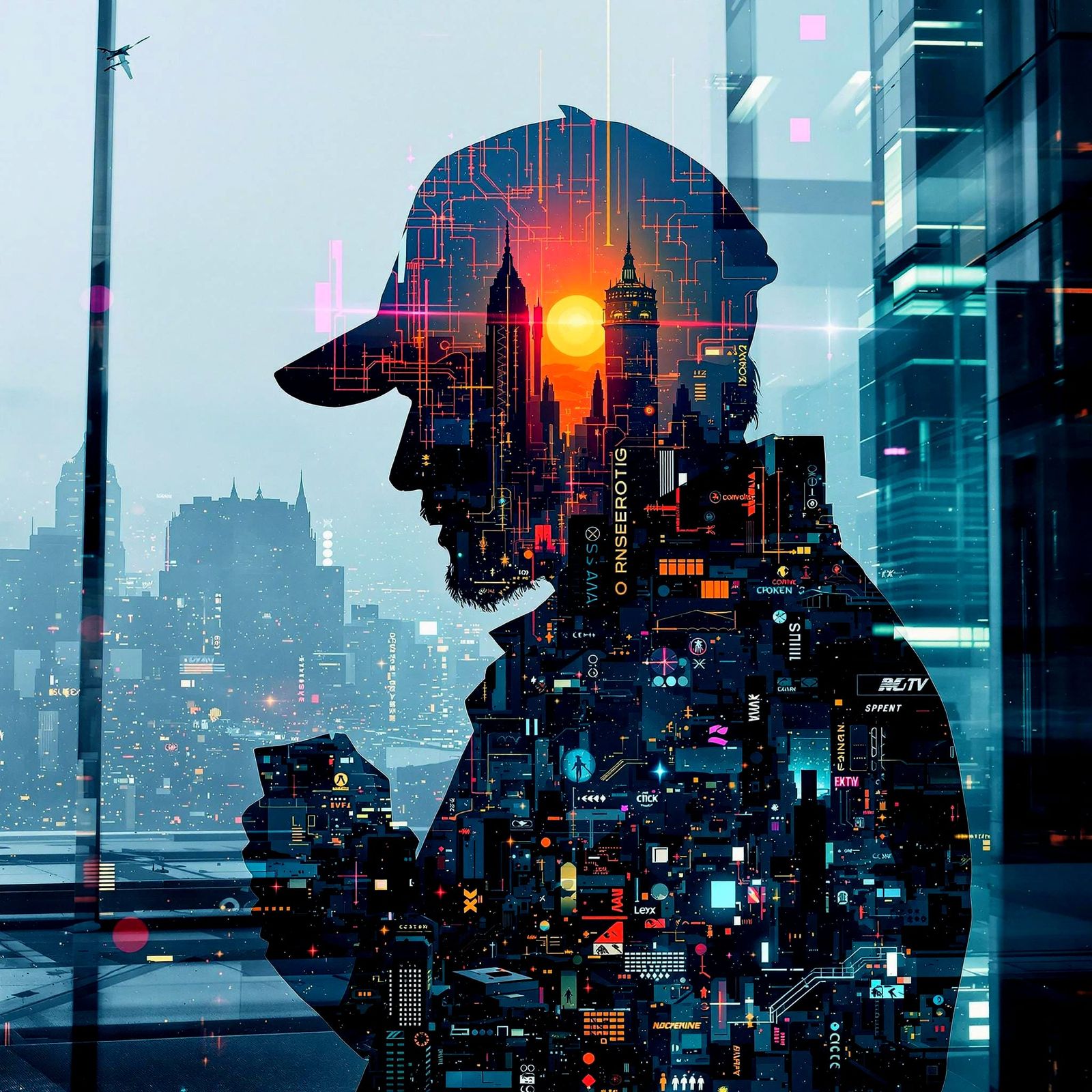 Homeless Man in Cyberpunk City: Holographic Double Exposure