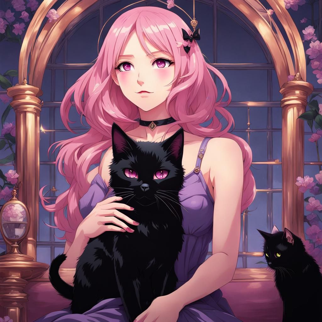 Anime Style: Cat on Woman's Lap