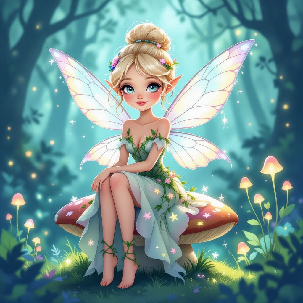 Fairy on Mushroom Throne in Bioluminescent Forest