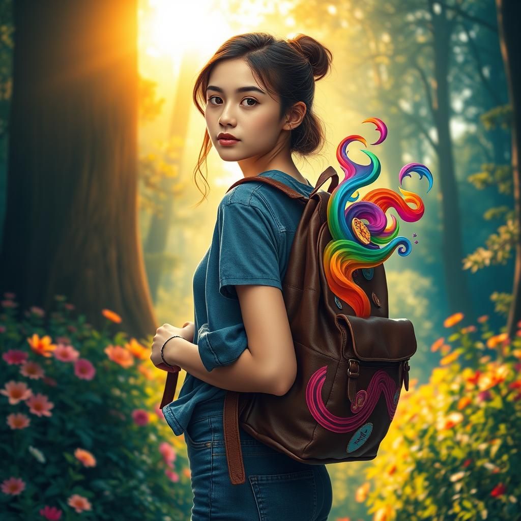 Woman in Forest with Backpack: Surreal, Vivid Art