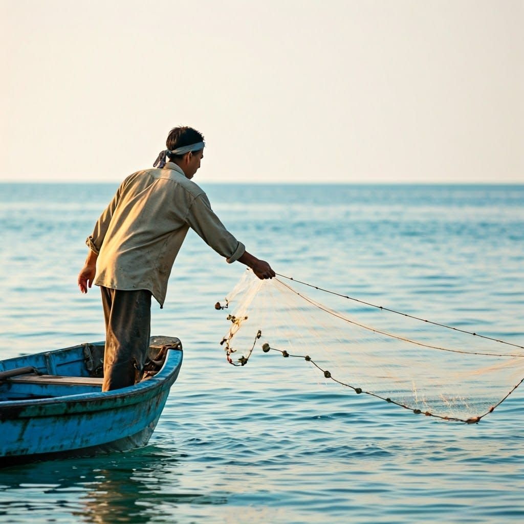 Fisherman in Traditional Sampan at Dawn
