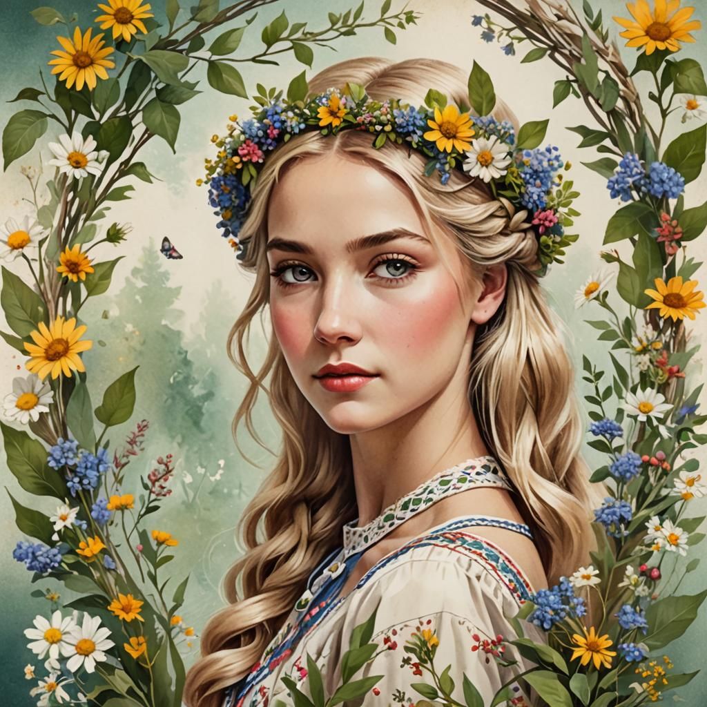 Vintage Postcard: Blonde Girl with Wildflower Wreath