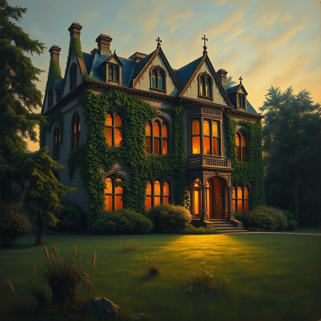 Warm Golden Light Illuminates a Crumbling Victorian Mansion