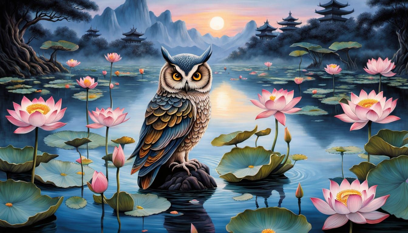 Bioluminescent Lotus Pond Owl in Chinese Ink Style