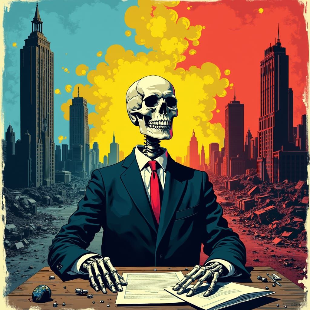 Skeletal Figure in a War-Torn Cityscape, Inspired by Bauhaus...