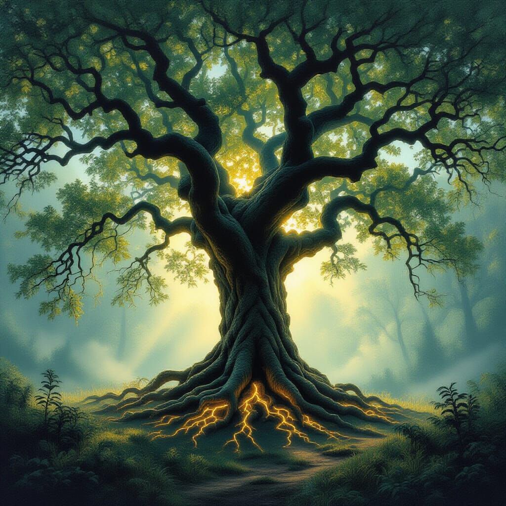Gnarled Tree with Glowing Roots in Misty Forest