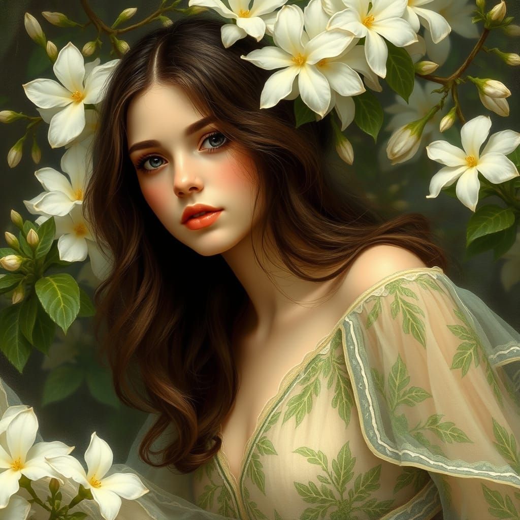 Ethereal Beauty Surrounded by Jasmine Blooms