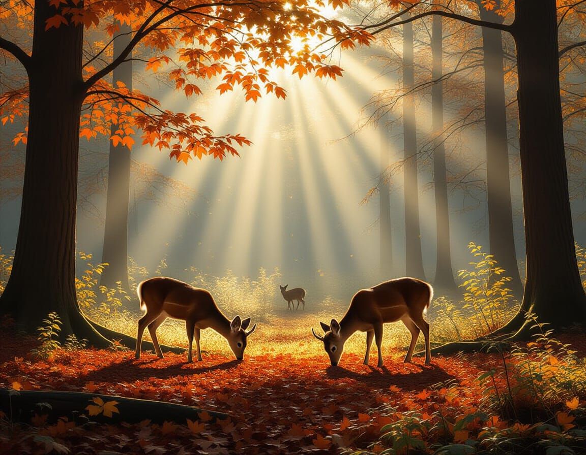 Misty Autumn Forest Glade with Roe Deer and Sun Rays