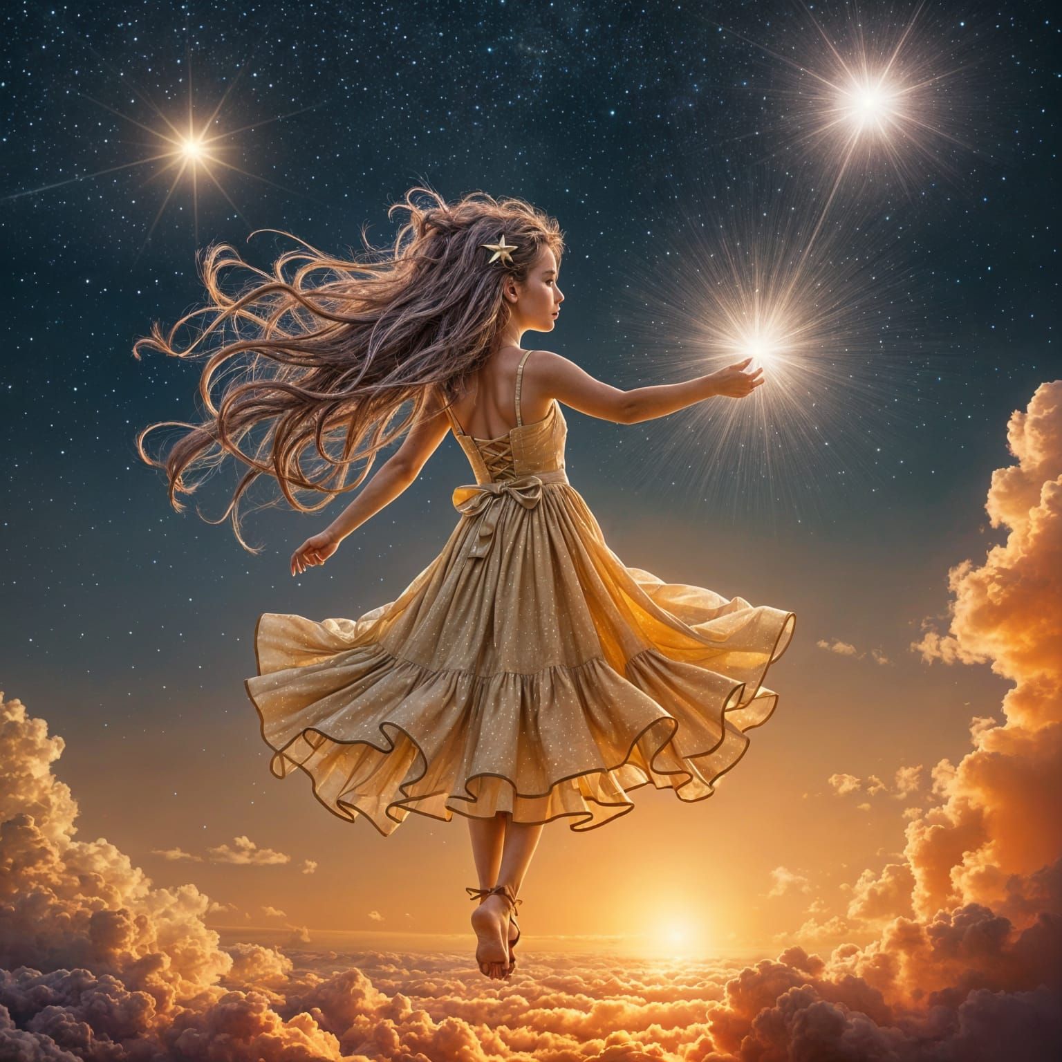 Girl Balances on Clouds Hanging Stars