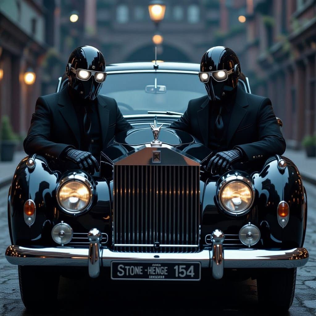Dark Robots Driving a Rolls Royce Silver Shadow