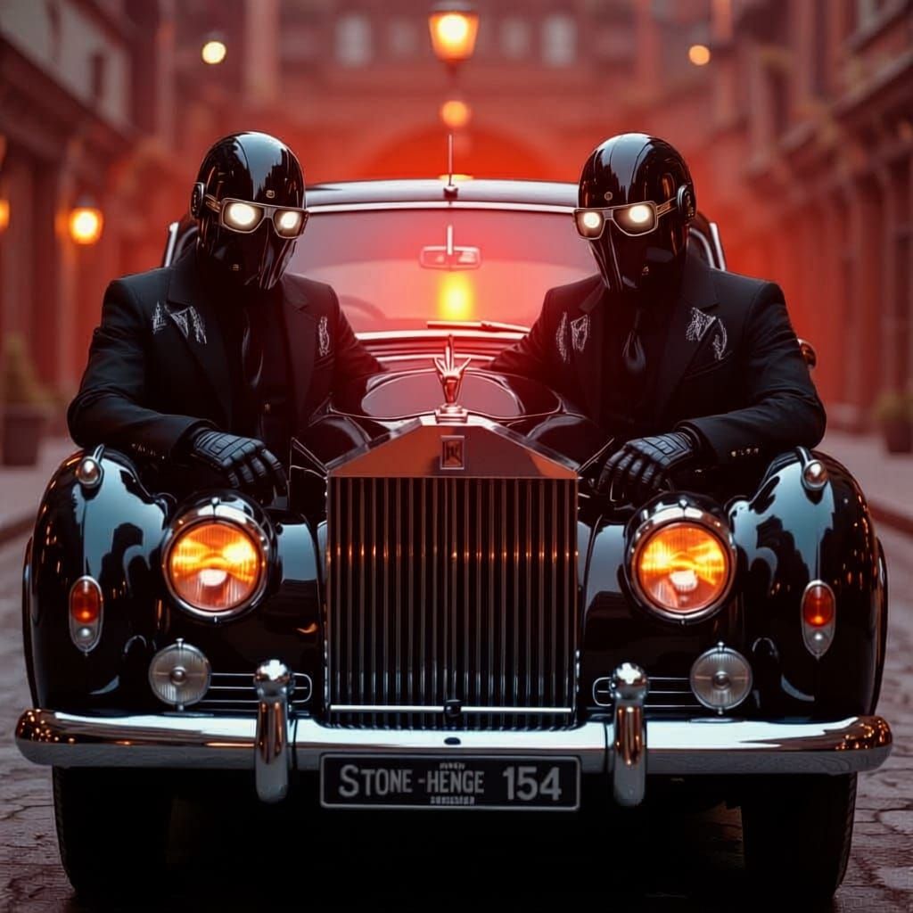 Two Dark Robots Drive a Vintage Rolls-Royce