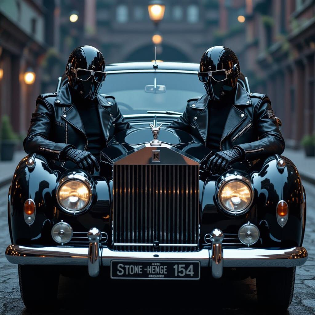 Robots in Vintage Rolls Royce, Cyberpunk Style