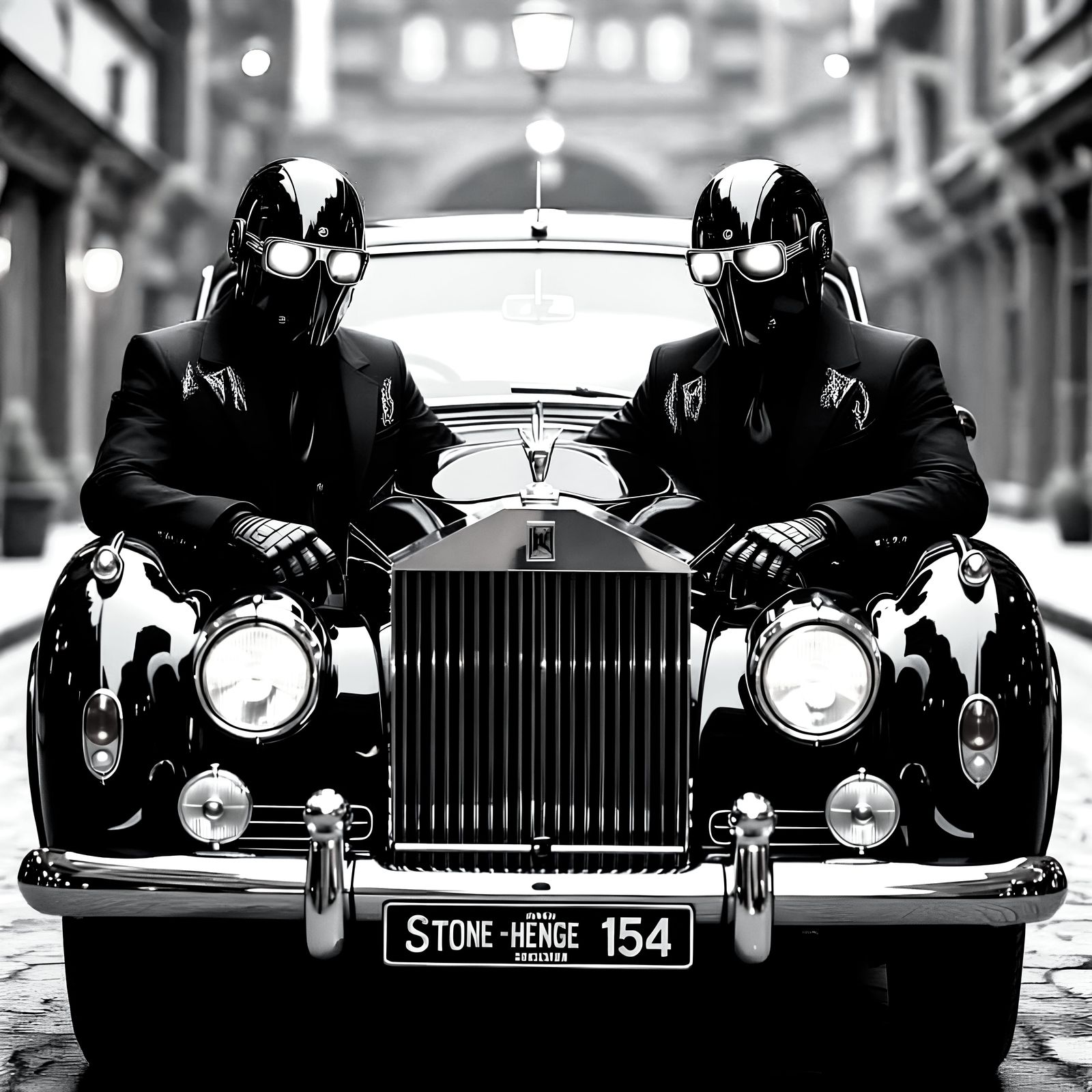 Robots Driving Rolls Royce with Stonehenge License Plate