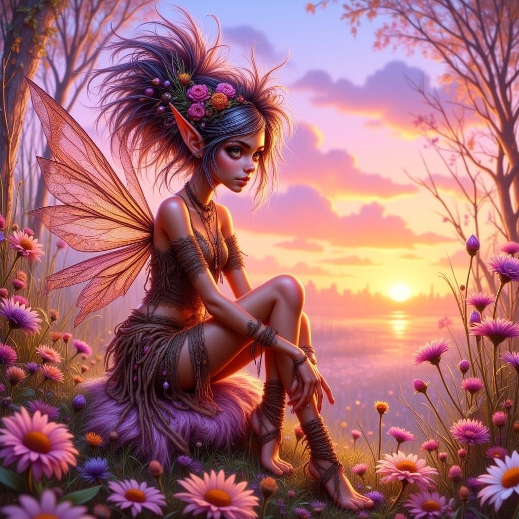 Ethereal Pixie on Daisy Petal at Sunset