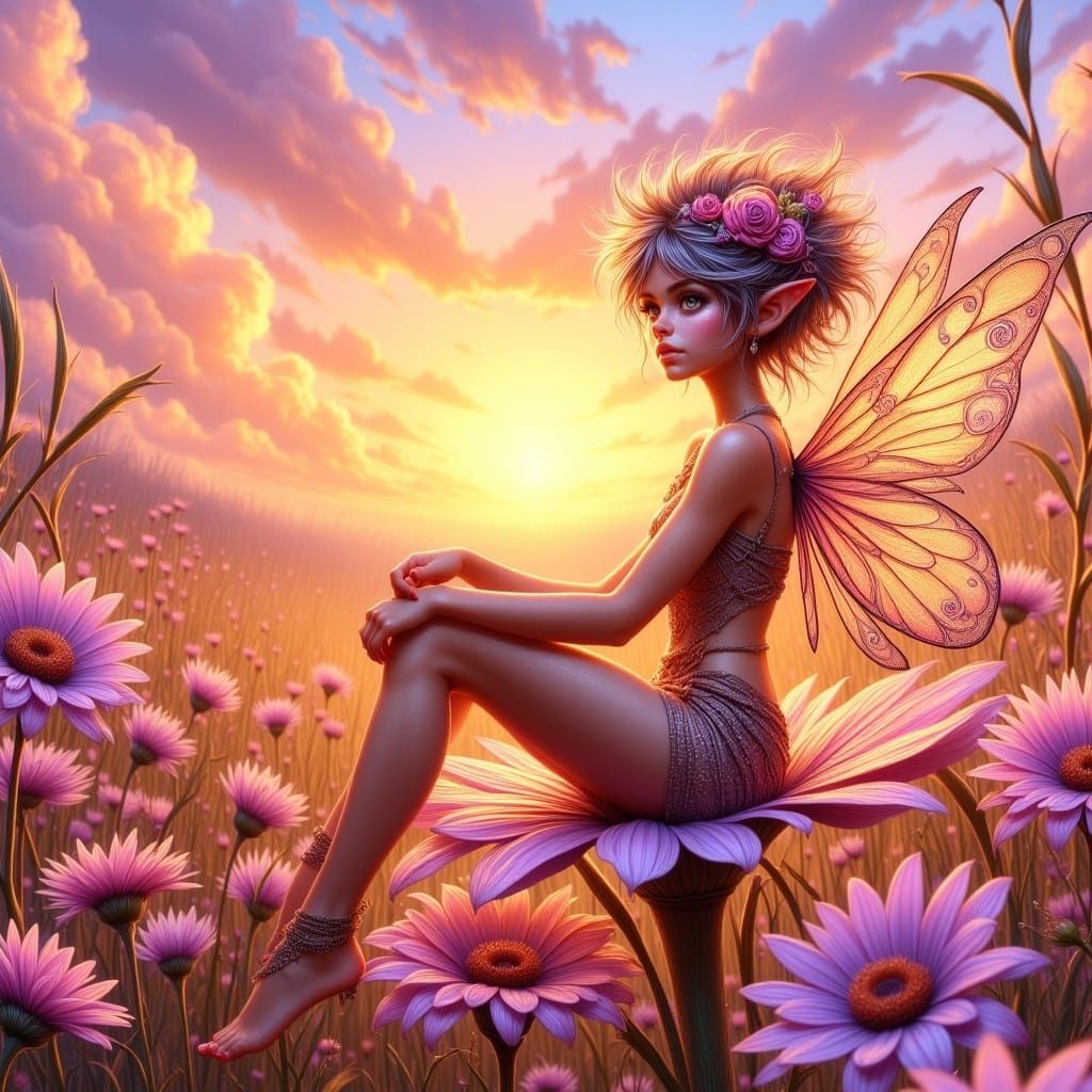 Ethereal Pixie Gazing at Sunset: Matte Painting