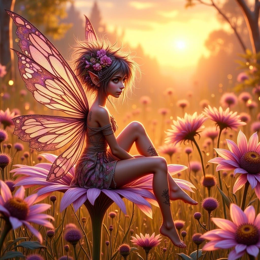 Pixie on Daisy Petal at Sunset