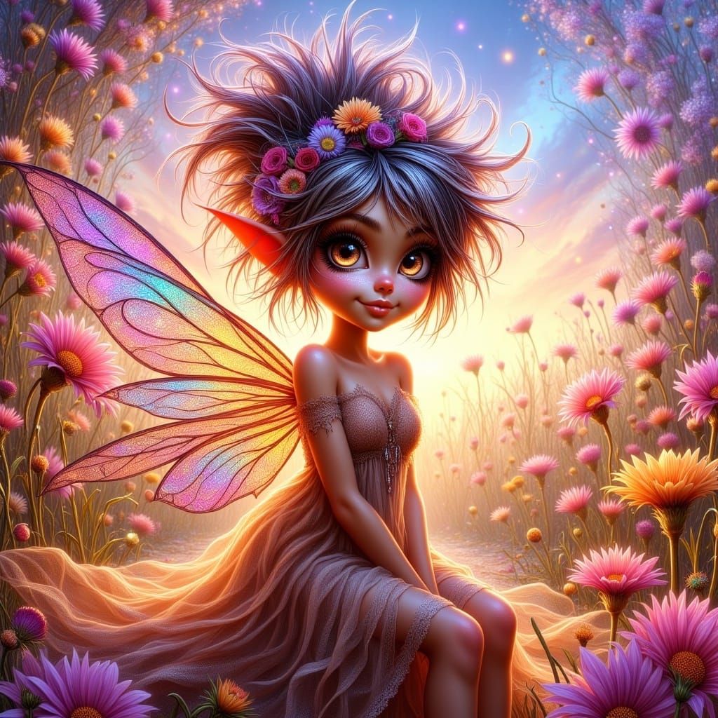 Delicate Pixie on Daisy Petal in Dreamlike Landscape