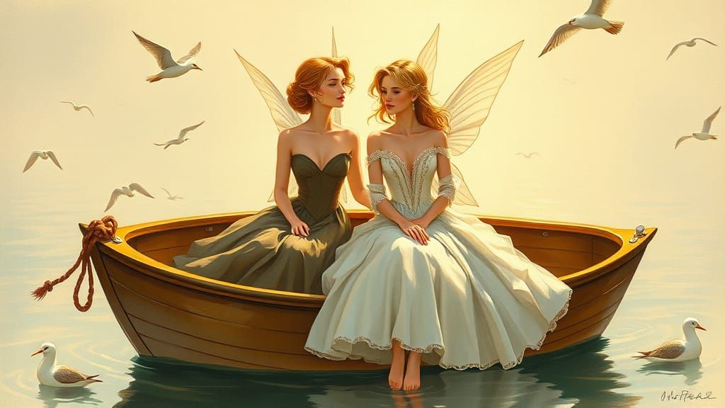 Elegant Elves in Boat: Gouache Painting