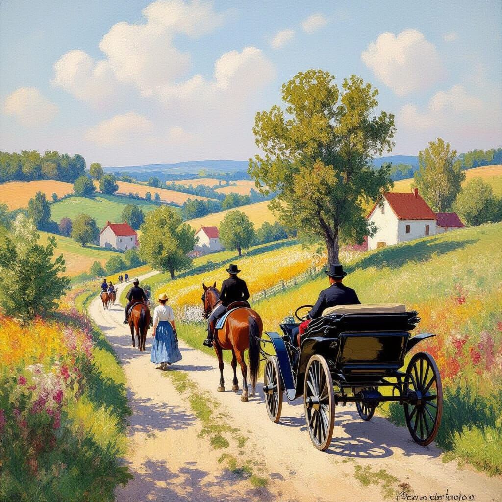 Impressionist Countryside Scene with Horse-Drawn Carriages