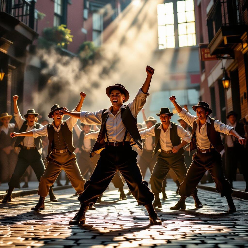 Newsies Dancing Dynamically in Dramatic Chiaroscuro Lighting