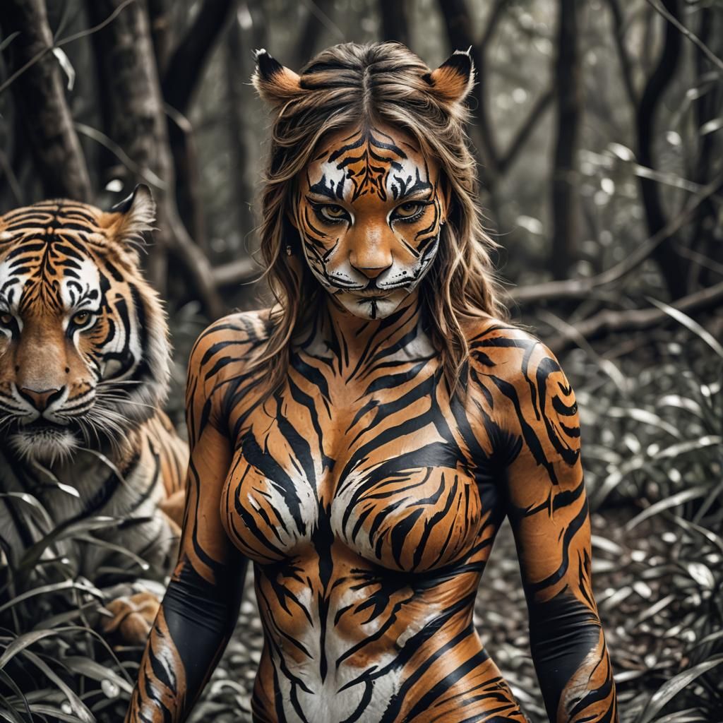 Woman in Tiger Body Paint: Hyperrealistic Close-Up