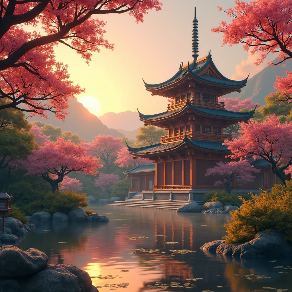 Tranquil Asian Pagoda in Golden Sunset Light