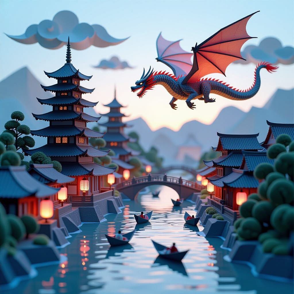 Paper Riverside City Dusk with Battle Dragon
