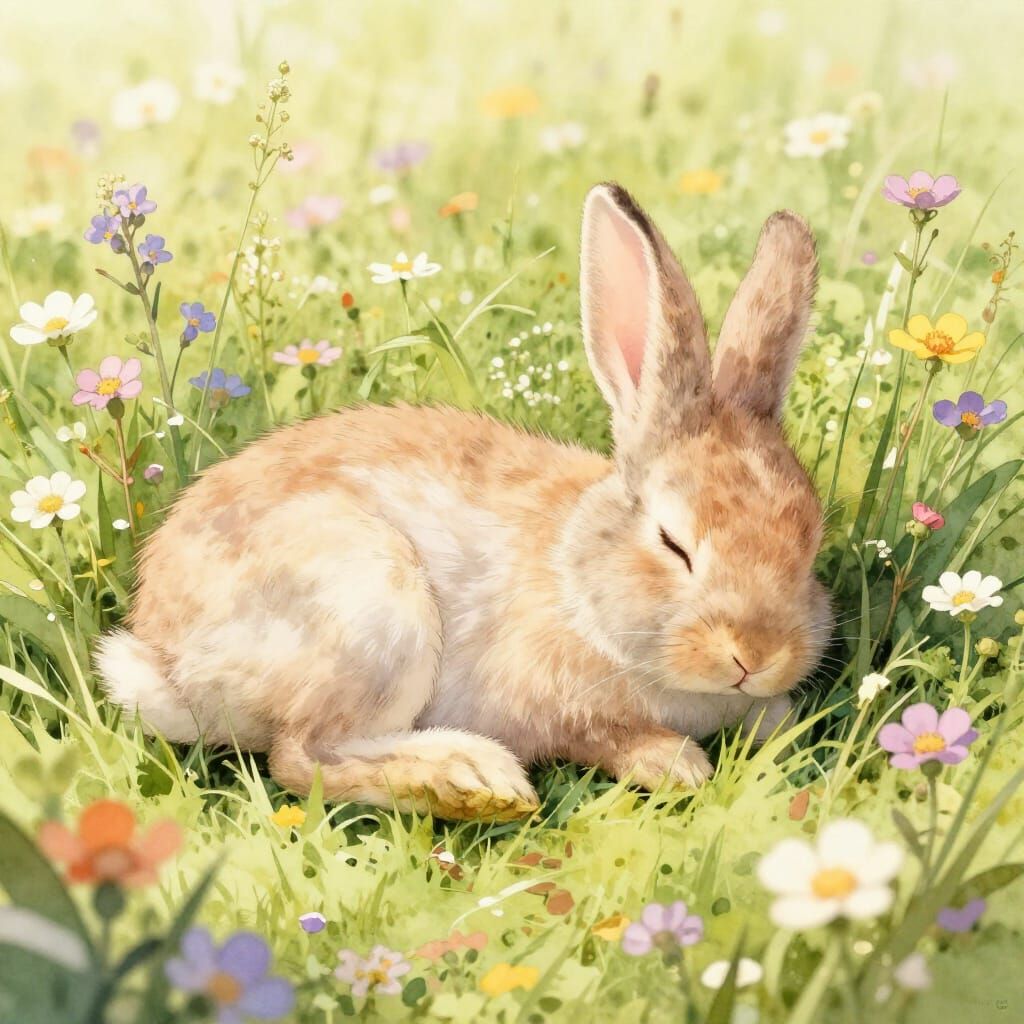 Fluffy Bunny Napping in Sunlit Meadow