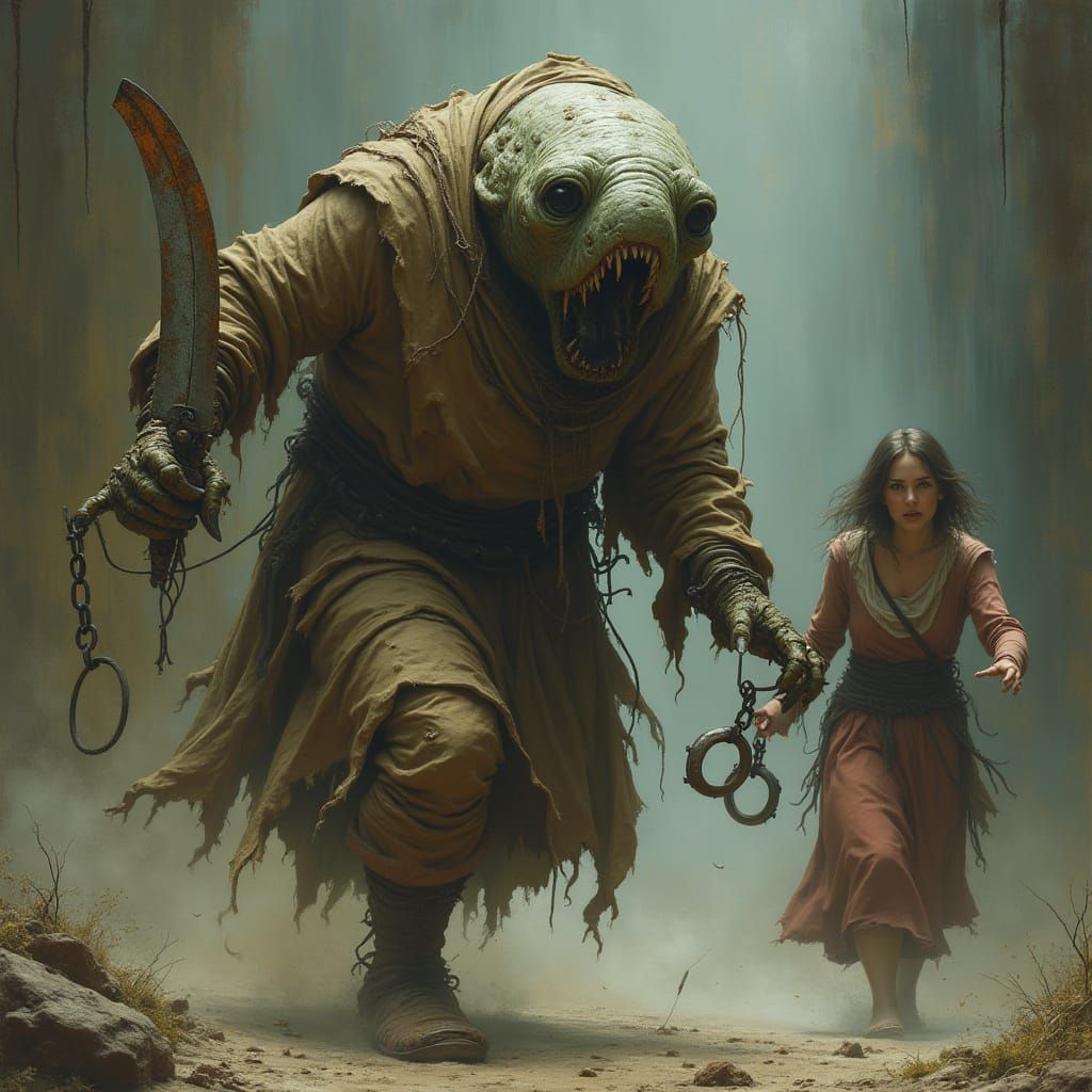 Grotesque Creature Chasing Woman in Gothic Art Style