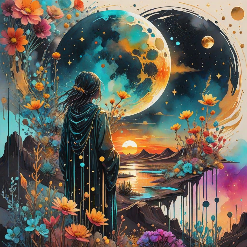 Ethereal Desert Sunset vs Glitching Digital Full Moon