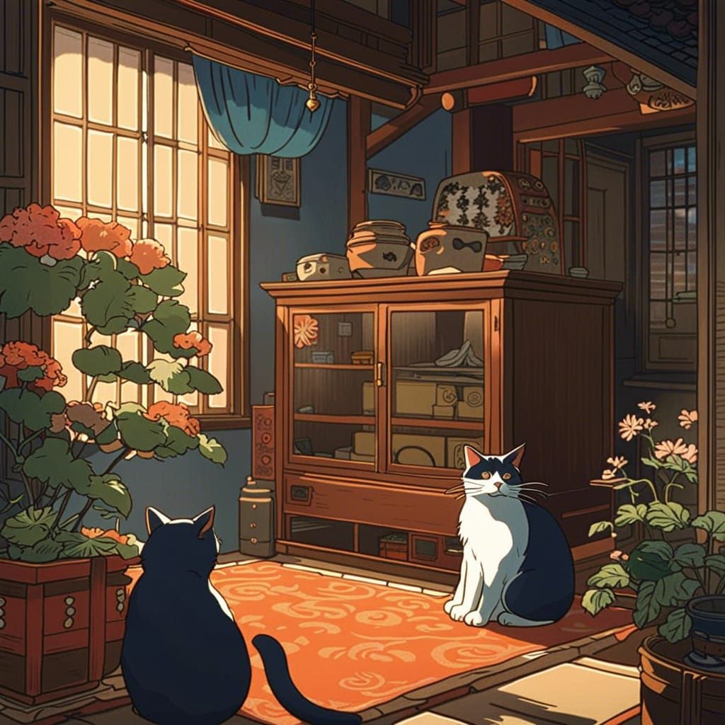 Ukiyo-e Cats in Anime Style