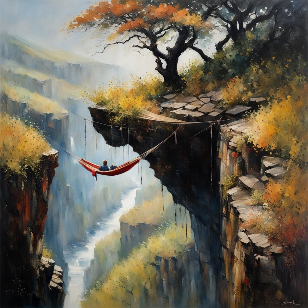 Toddler in Hammock Over Abyss: Oil Painting