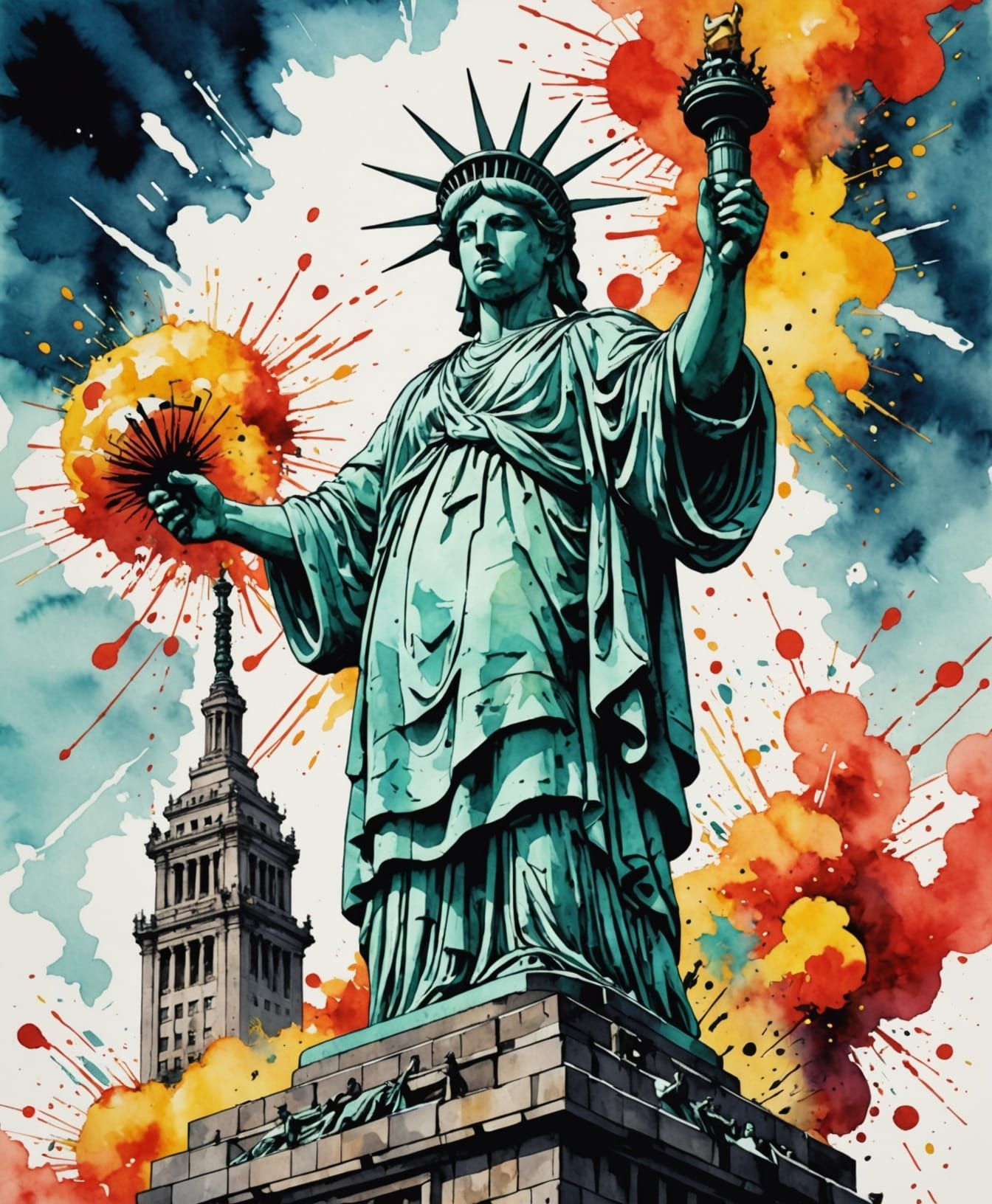 Surreal Explosion of Liberty Statue in Vibrant Watercolor St...